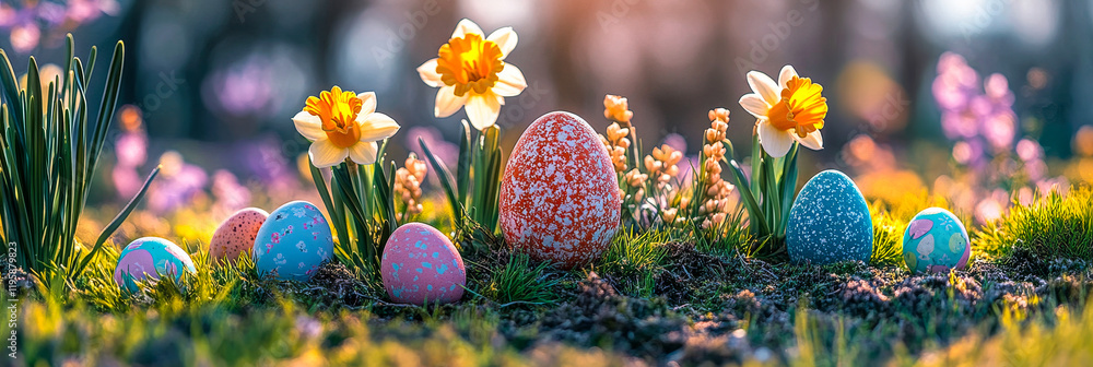 Poster a colorful field of flowers with a row of eggs in the middle. the eggs are painted in different colo