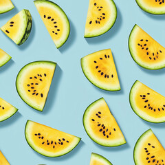 Fototapeta premium A close up of many slices of watermelon on a blue background