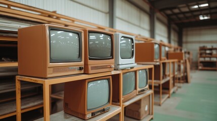 A collection of vintage televisions sits on shelves in a spacious warehouse setting, awaiting disposal. The image has a nostalgic and retro atmosphere.