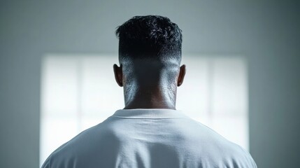 A young man with a clean haircut stands facing a bright window, casting an introspective mood. The room is dimly lit, emphasizing his silhouette.