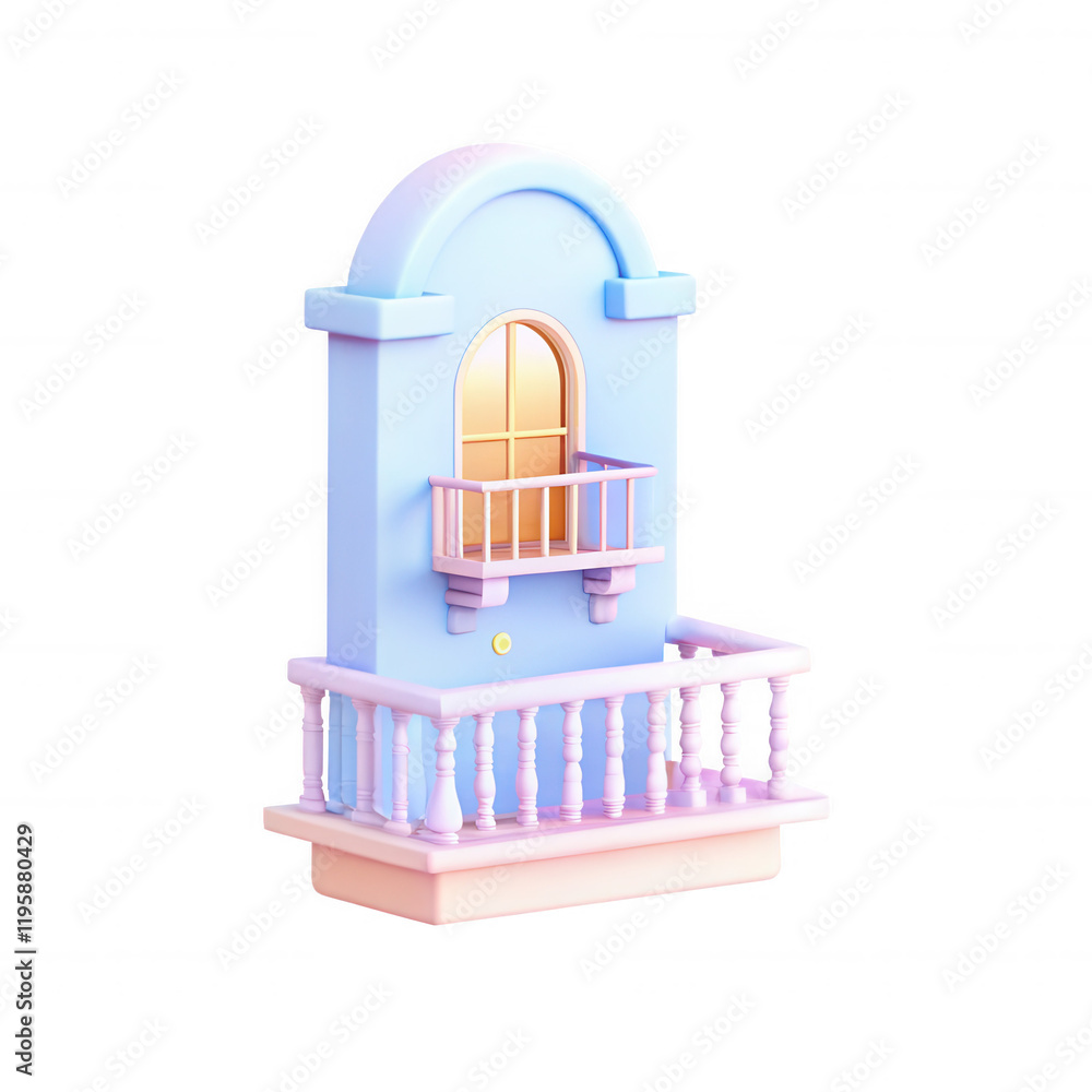 Poster a 3d model showcasing a stylish balcony with an arched window and pastel colors. ideal for architect