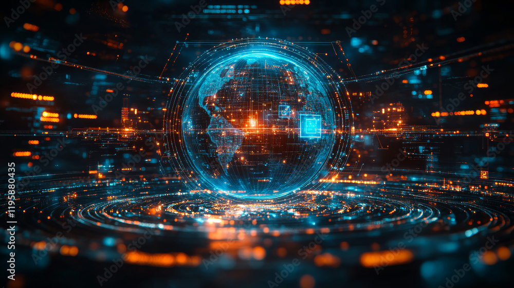 Poster a computer generated image of a globe with a blue center and orange and yellow surrounding it. the i