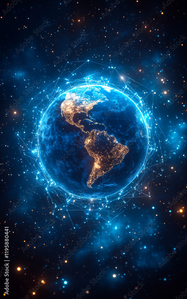 Poster a blue and white planet with a network of stars surrounding it. the planet is lit up with a blue and