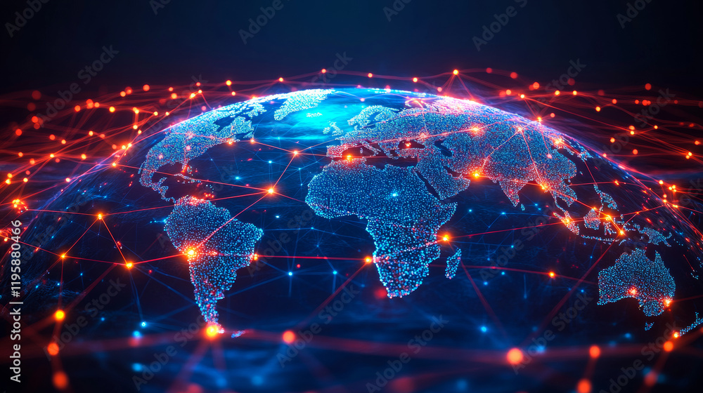 Poster a blue and red globe with a network of lines connecting it. the globe is surrounded by a blue and re
