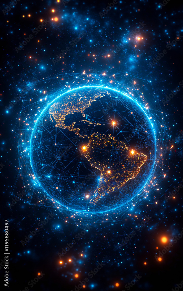 Poster a blue and orange planet with a network of lights surrounding it. the planet is surrounded by a netw