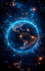 Obraz premium A blue and orange planet with a network of lights surrounding it. The planet is surrounded by a network of lights that are scattered all over the image