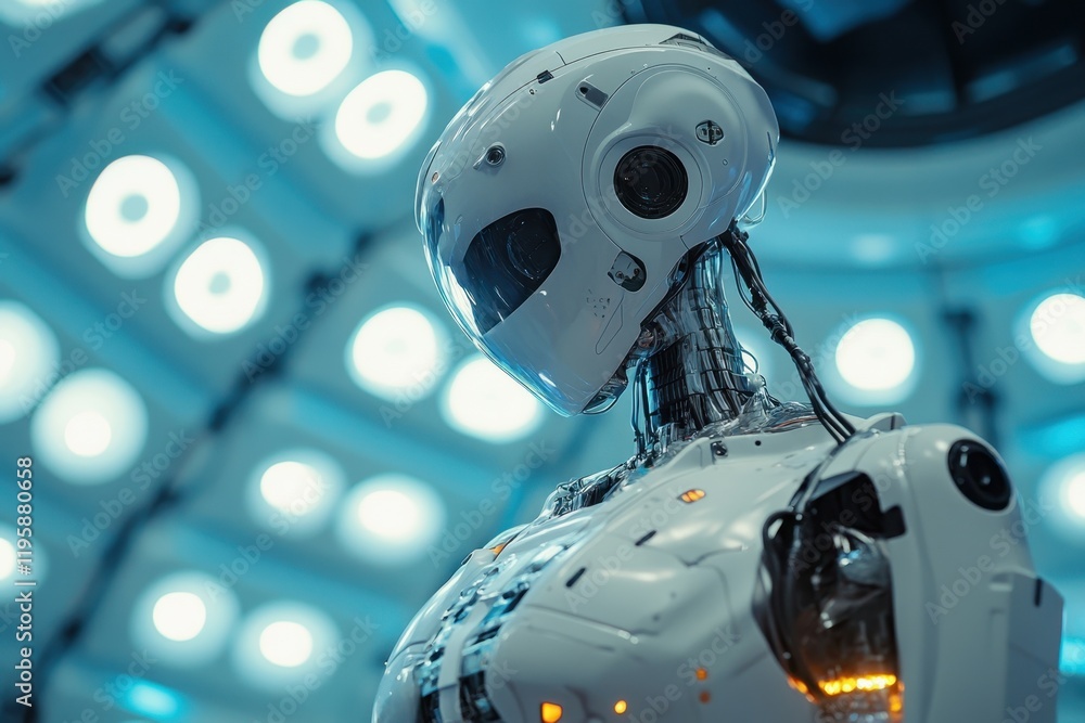 Poster advanced humanoid robot displayed in a futuristic laboratory setting during daytime