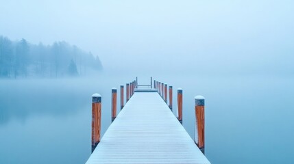 A minimalistic image showcasing a straight, flat dock extending into a foggy lake, surrounded by serene, misty blue tones.