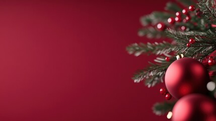 A festive banner featuring red Christmas ornaments and fir branches against a rich red background, conveying a warm holiday spirit.