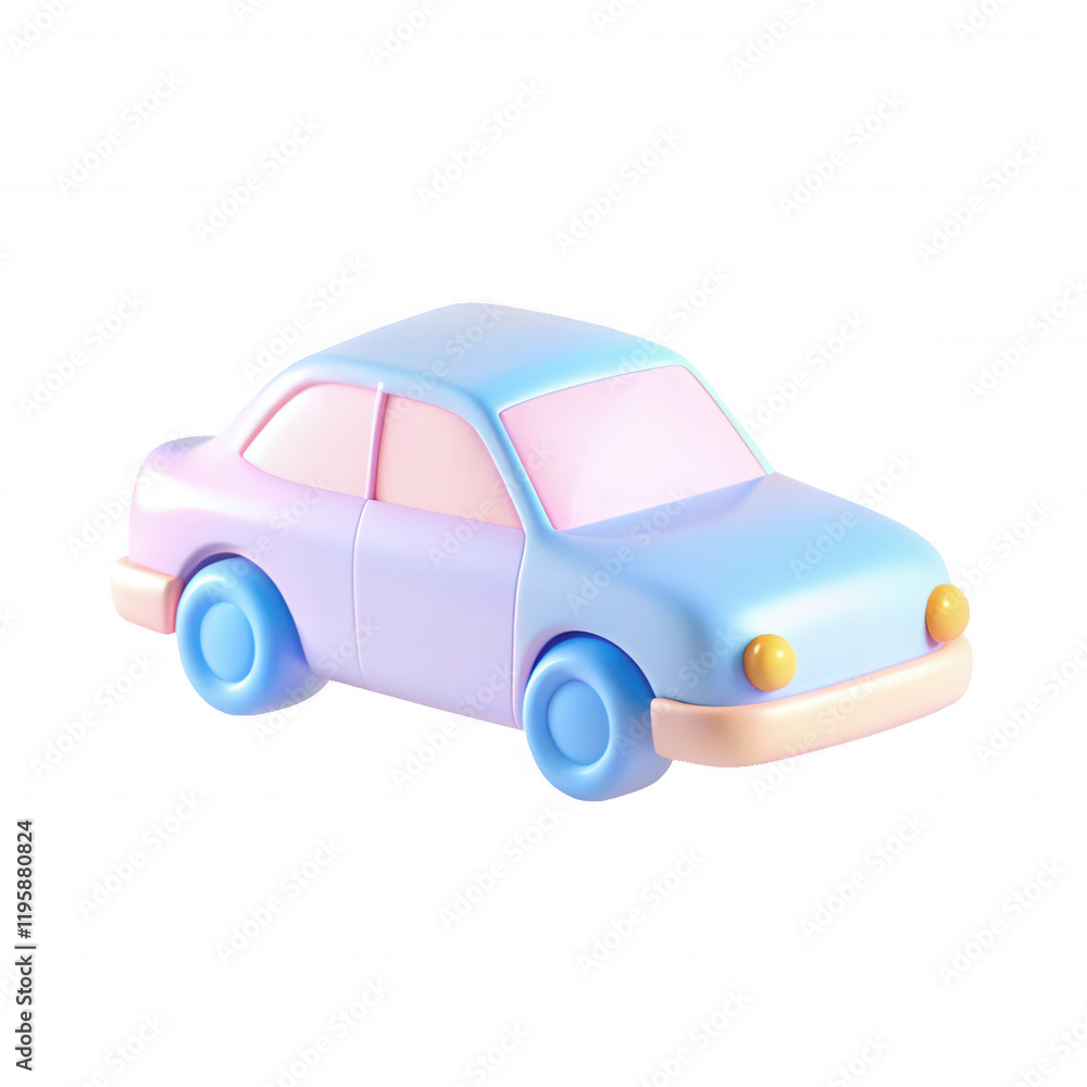 Poster a colorful 3d render of a cartoon-style car, featuring soft edges and a vibrant pastel color scheme.
