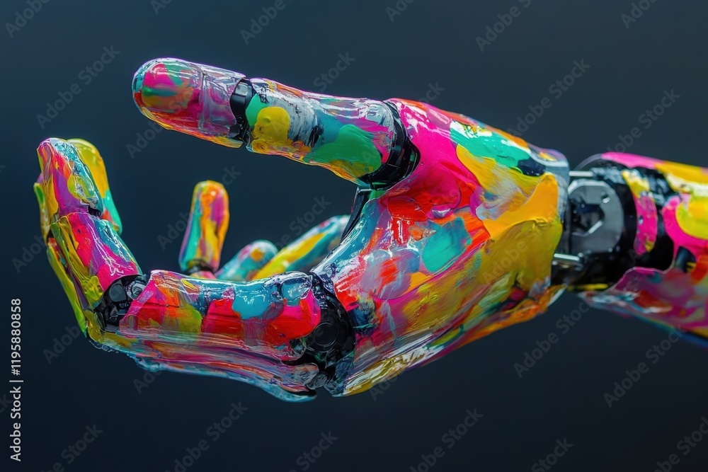 Poster colorful robotic hand displaying intricate paint patterns against a dark backdrop
