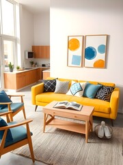 Scandinavian interior design of modern living room. Grey sofa and yellow chairs in studio apartment.