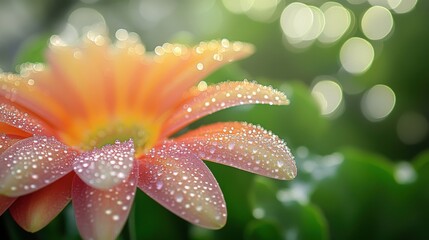 Fototapeta premium Dewy flower petal with sparkling droplets and soft bokeh foliage