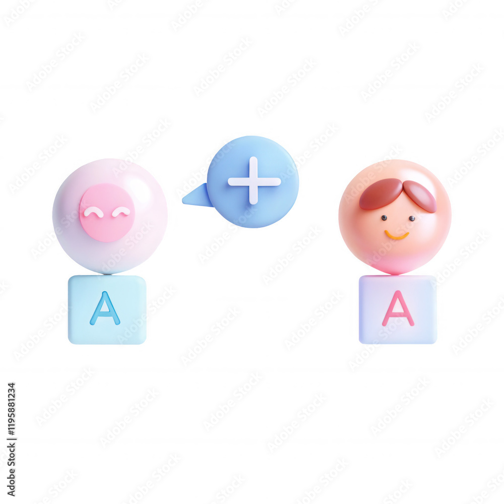 Poster colorful 3d render of playful minimalist characters with circular heads, feature expressive faces, s
