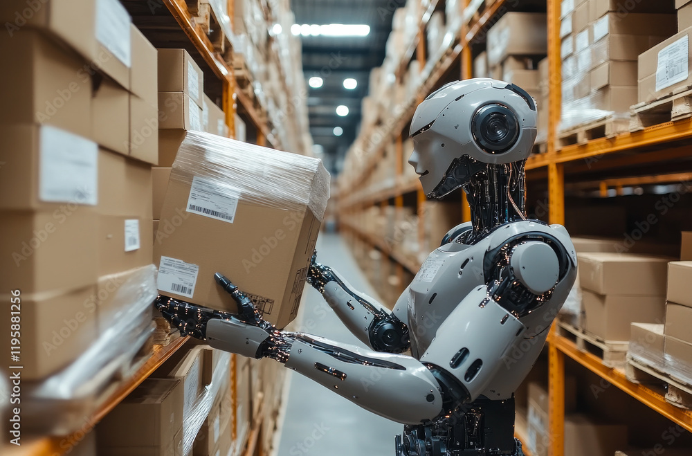 Poster a robot is holding a box in a warehouse. the robot is designed to look like a human and is holding t