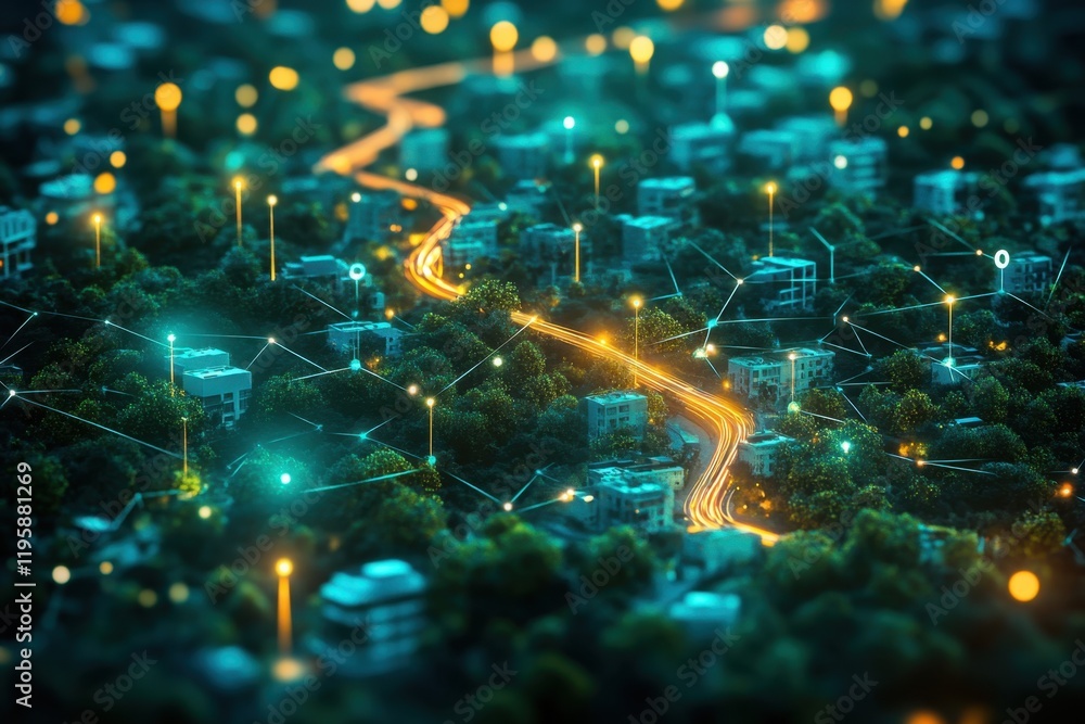 Poster night view of a cityscape with illuminated roads and connecting networks