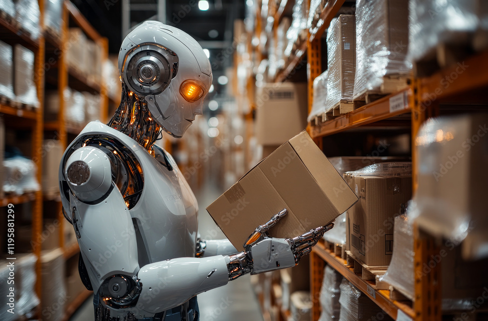 Poster a robot is holding a box in a warehouse. the robot is white and has a box in its hand