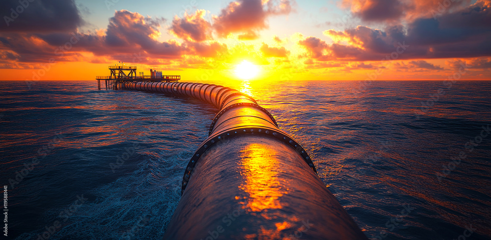 Poster a long pipe is in the water with the sun setting behind it. the sun is setting in the background and
