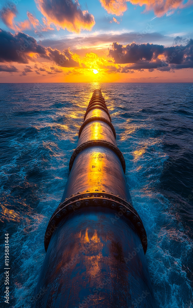 Poster a long pipe is floating in the ocean with the sun setting in the background. the sun's reflection on