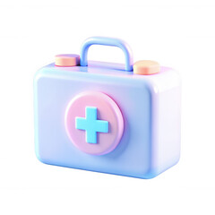 A vibrant 3D render of a medical kit featuring soft pastel colors. The kit is adorned with a prominent medical cross symbol, highlighting its purpose.