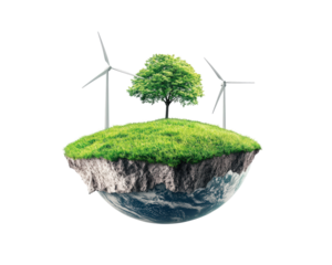Isolated Floating Earth with Tree and Wind Turbines