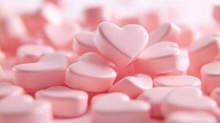 A cinematic, 8K image of pink heart-shaped objects, creating a romantic and dreamy Valentine&rsquo;s Day vibe with soft focus and pastel tones.
