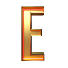 Golden retro font. Red neon. Alphabet letter E isolated on a white background with clipping path. 3d illustration.