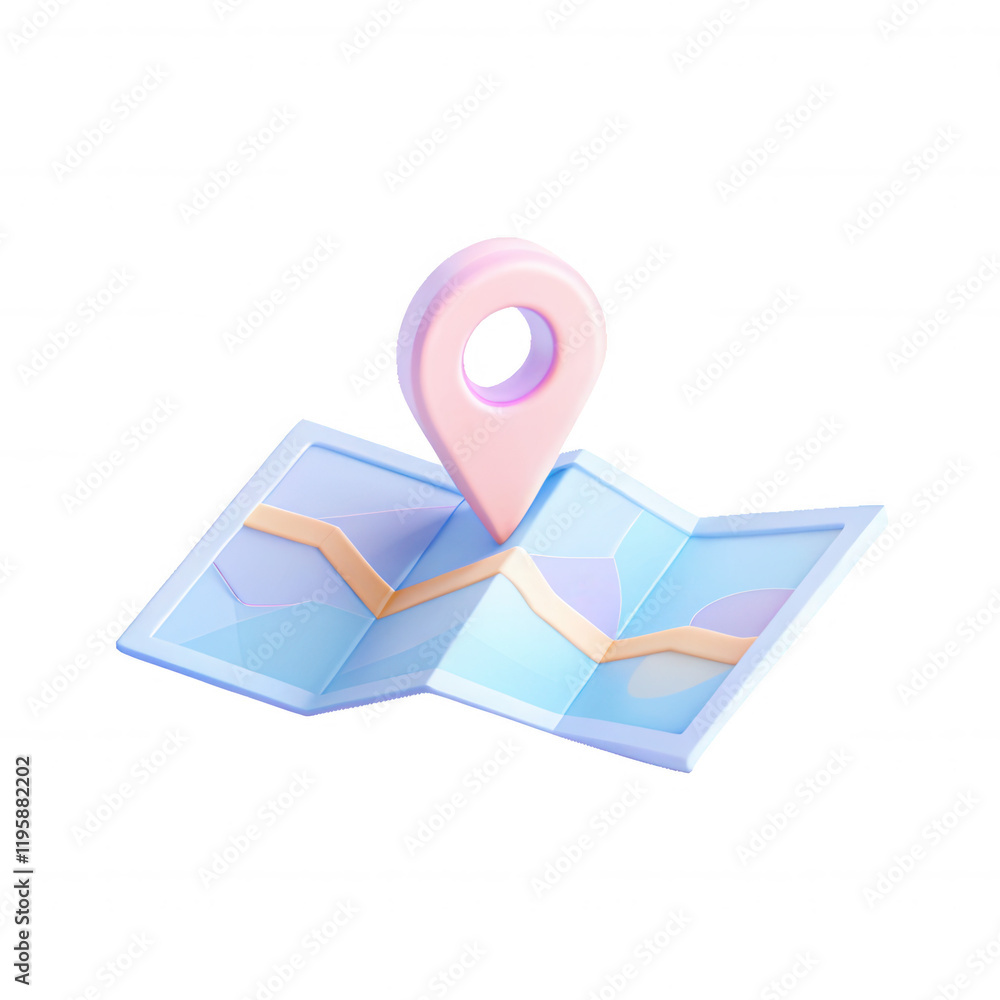 Poster a three-dimensional render of a colorful map featuring a prominent location pin. the design has soft