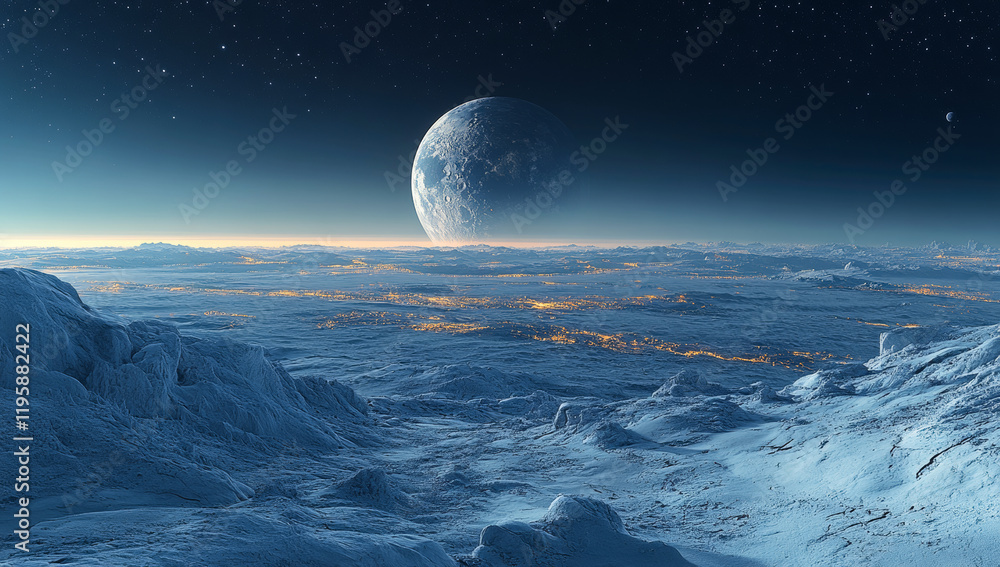Canvas Prints a large planet is floating in the sky above a vast, empty landscape. the sky is dark and the planet 