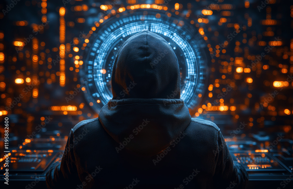 Aufkleber a man is looking at a computer screen with a hood over his head. the computer screen is filled with 