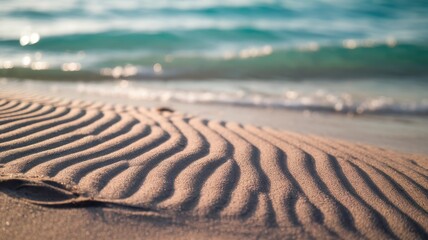 Fototapeta premium Close-up of gentle waves rolling onto a sandy beach, creating intricate textures in the sand. A tranquil scene evoking peace and relaxation.