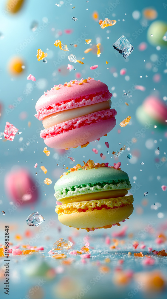 Poster two macarons are flying through the air with colorful sprinkles and ice. the image has a playful and