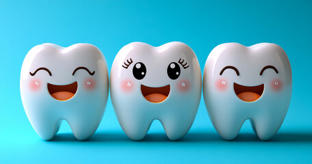 Obraz premium Three teeth with smiling faces are shown on a blue background. The teeth are all smiling and appear to be happy