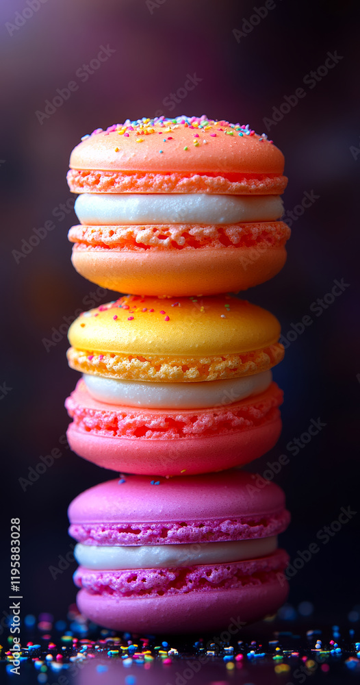 Aufkleber a stack of four different colored macarons with sprinkles on top. the macarons are arranged in a pyr