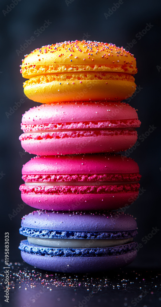 Poster a stack of colorful macarons with sprinkles on top. the macarons are arranged in a pyramid shape, wi