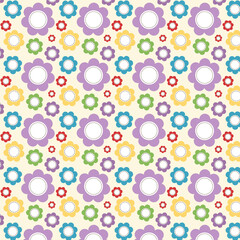 Cute colorful seamless flower pattern with round cartoon blooms on a cream background. Playful kids’ design perfect for stationery, textiles, and wrapping paper.