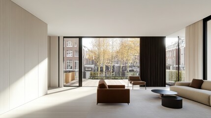 Fototapeta premium A minimalistic, modern white living room with large windows offering a view of a serene urban landscape. Features simple furniture and a neutral color palette.