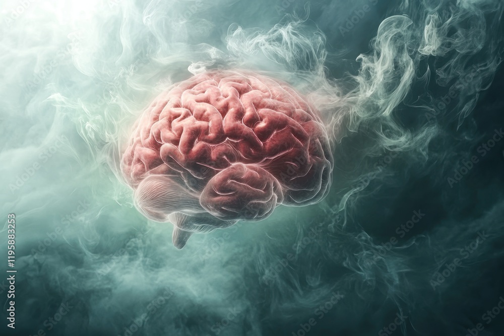 Poster brain floating in mist with abstract swirling patterns and dark background