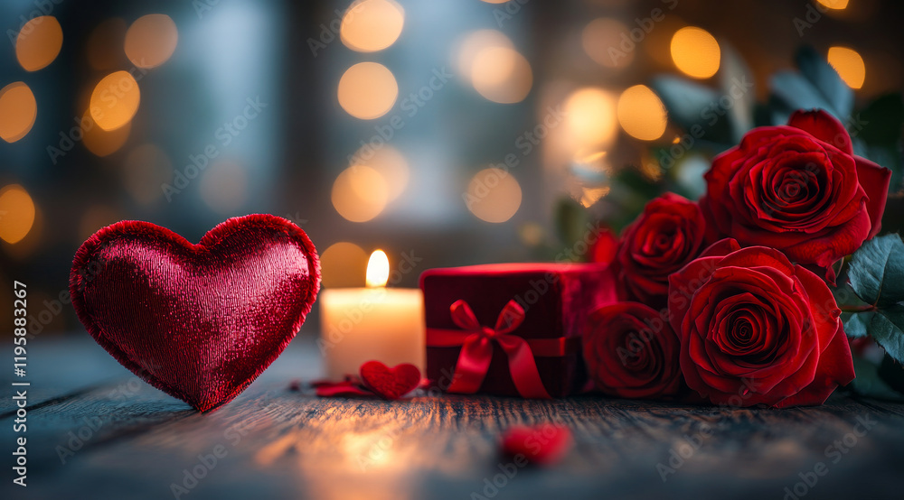 Poster a heart is on a table next to a red box and a candle. the roses are in the background. the image con