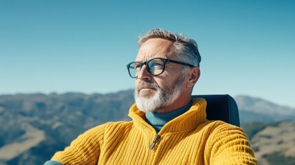 A man wearing a yellow sweater and glasses enjoys a tranquil moment with a scenic view of mountains under a clear blue sky.
