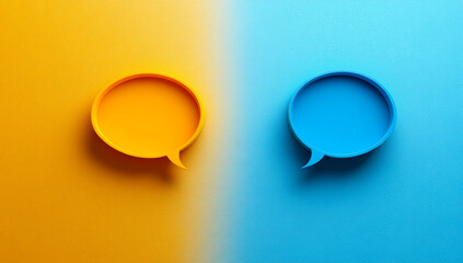 Two speech bubbles, one orange and one blue, are on a yellow and blue background. The orange bubble is on the left and the blue bubble is on the right