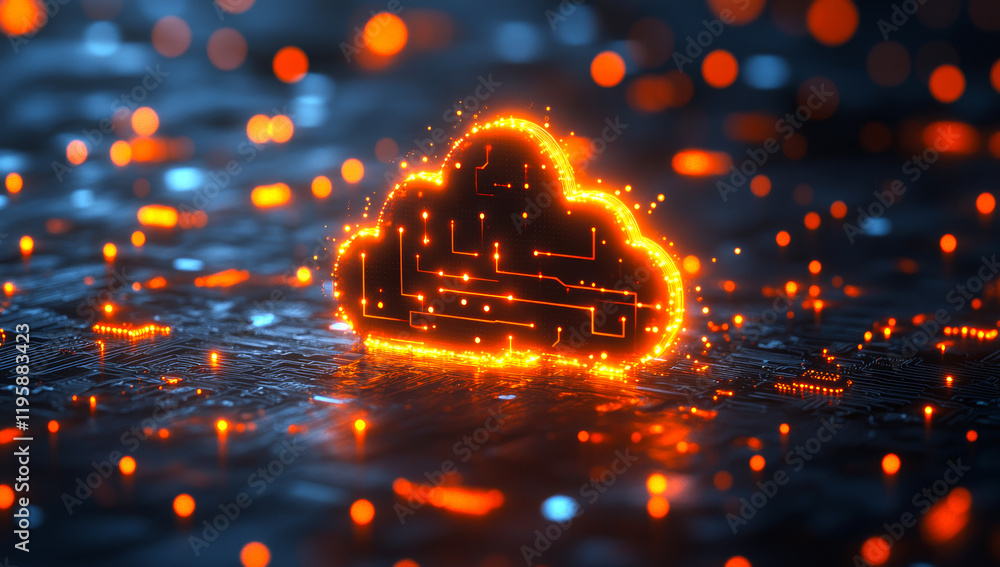 Poster a glowing cloud with a circuit board on top of it. concept of technology and innovation