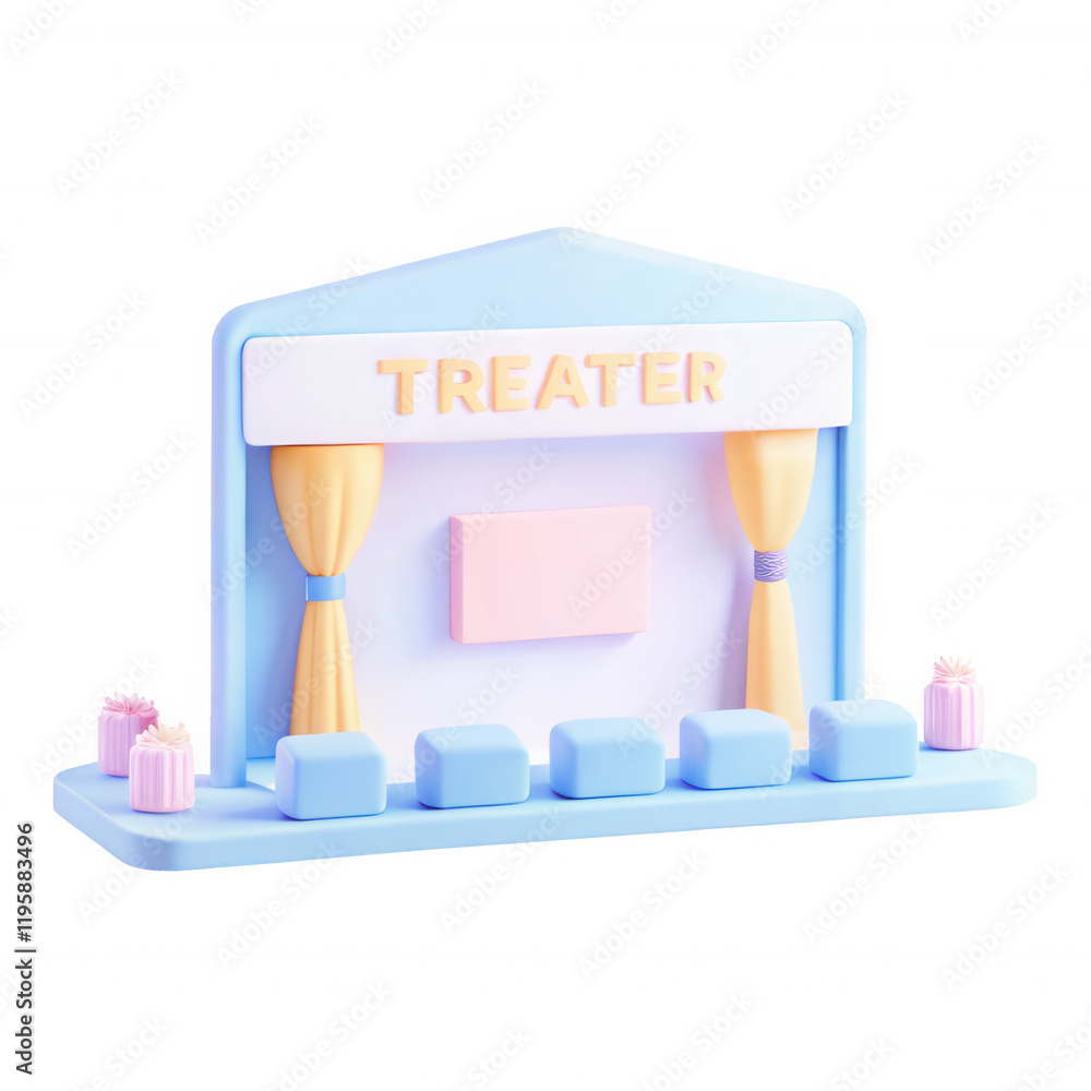 Poster a vibrant 3d model representing a theater setup with pastel colors, featuring a sign that says 'trea