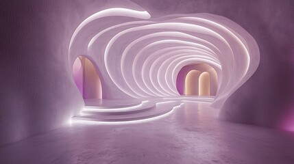 Obraz premium Abstract purple and pink neon lit tunnel with curved walls and stairs.
