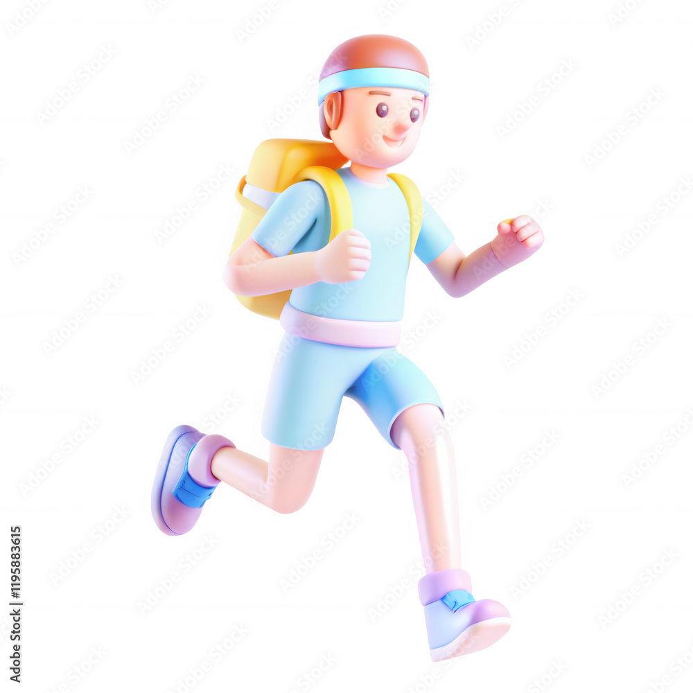 Poster a colorful 3d render of a boy with a headband and backpack, energetically running. the character sho