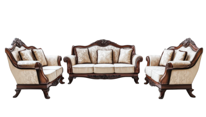 Elegant Antique Wooden Sofa Set Classic Cream Upholstery Luxury Living Room Furniture