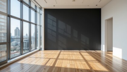 Obraz premium Modern Empty Loft with Large Windows and Black Accent Wall