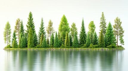 Obraz premium Serene Island Forest Reflection: A tranquil image of a lush island forest mirroring itself in a calm lake, showcasing the beauty of nature.