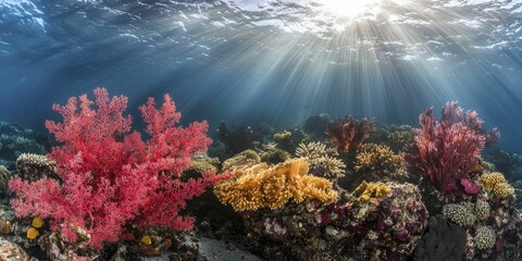 Obraz premium Dreamy underwater scene with sunlight filtering through, casting a warm glow on colorful coral and swaying marine plants.