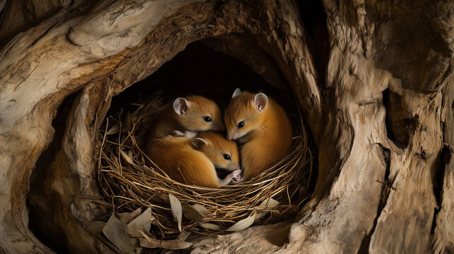 Family of Dormice Snuggled Together in a Nest Made of Leaves and Grass, Hollow Tree Setting, Warm Natural Light Filtering Through the Bark